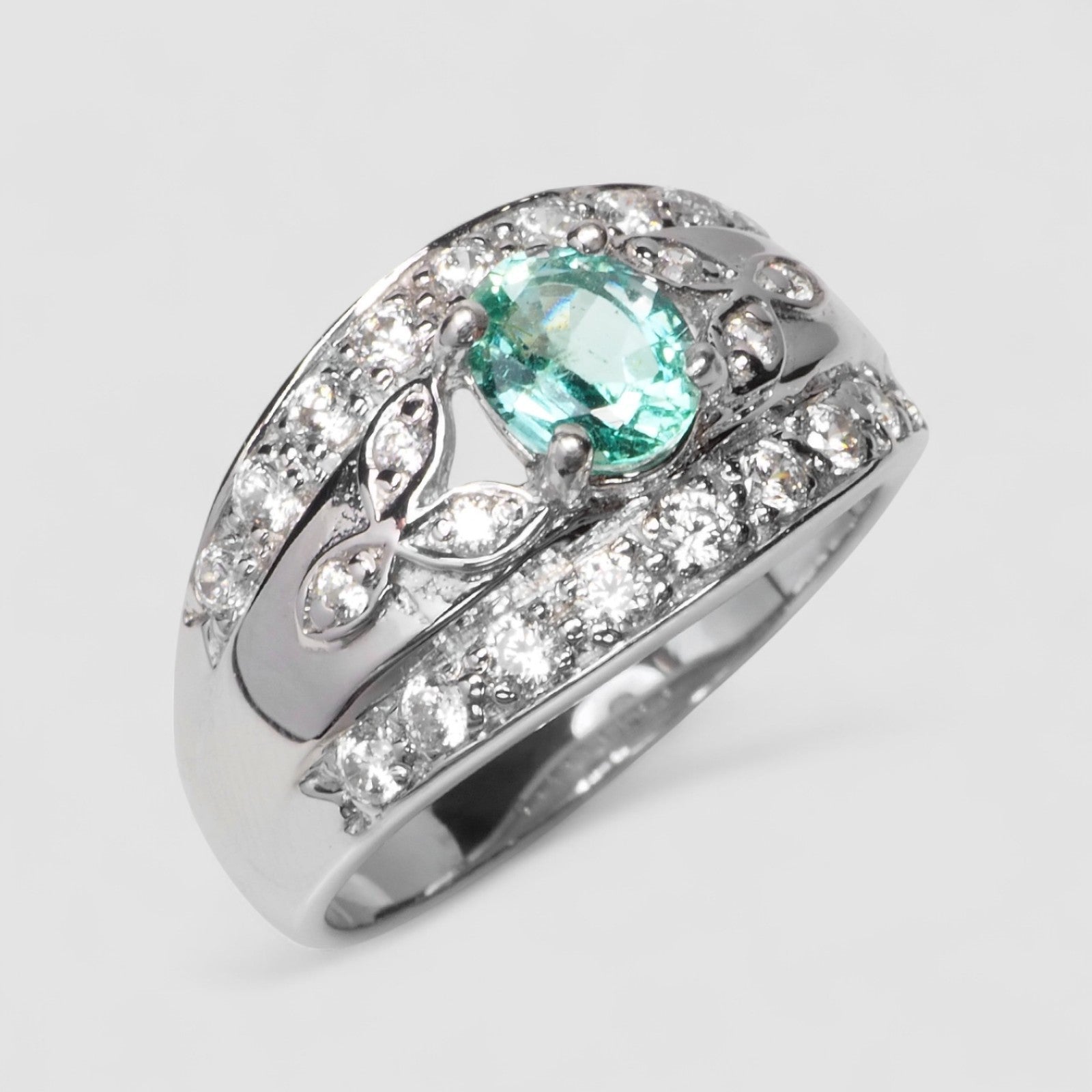 925 WHITE GOLD PLATED STERLING SILVER EMERALD RING