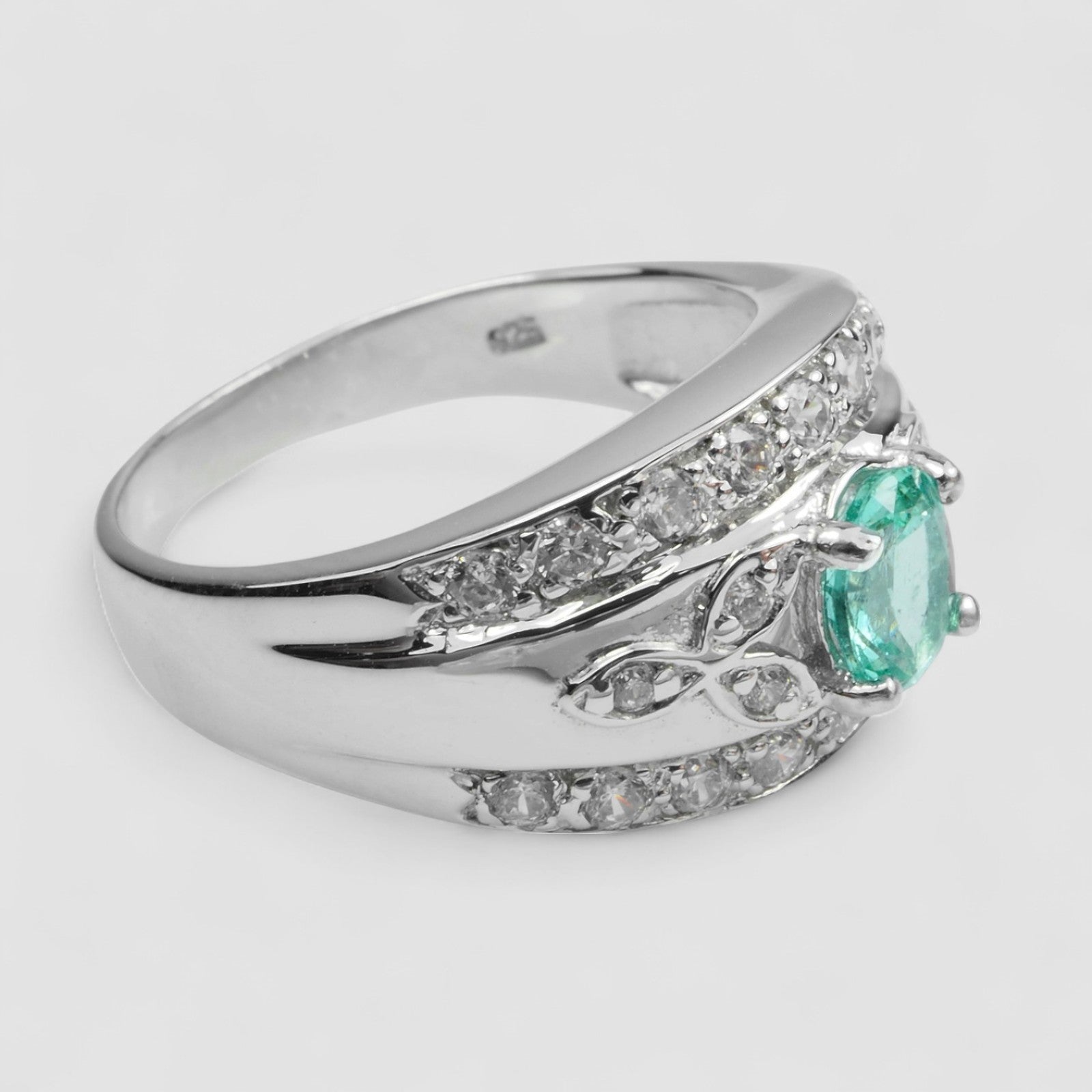 925 WHITE GOLD PLATED STERLING SILVER EMERALD RING