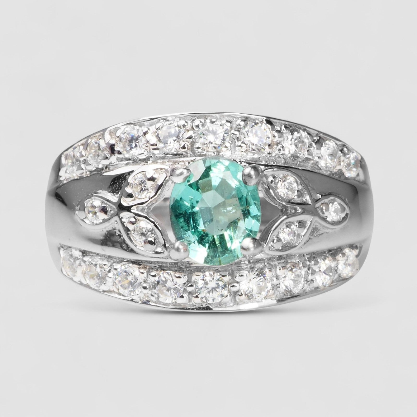 925 WHITE GOLD PLATED STERLING SILVER EMERALD RING