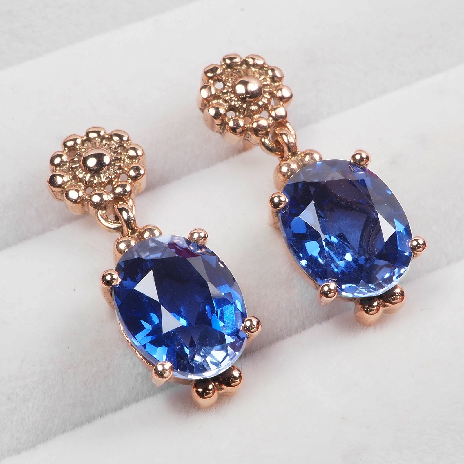 ROSE GOLD HANDMADE EARRINGS 925 STERLING SILVER BLUE SAPPHIRE