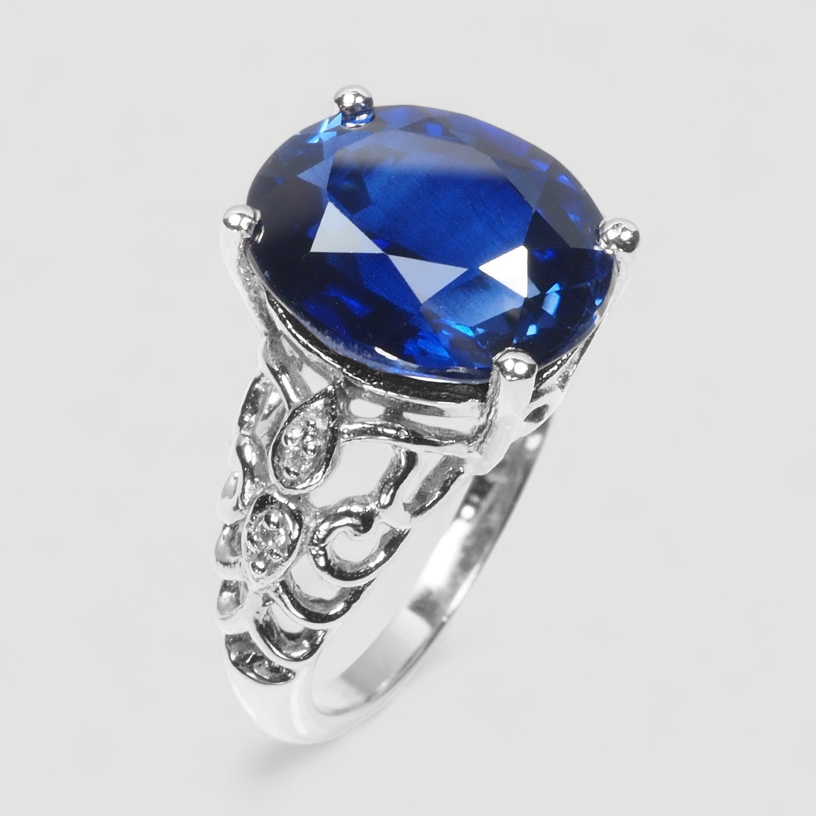 925 STERLING SILVER WHITE GOLD HANDMADE RING BLUE SAPPHIRE