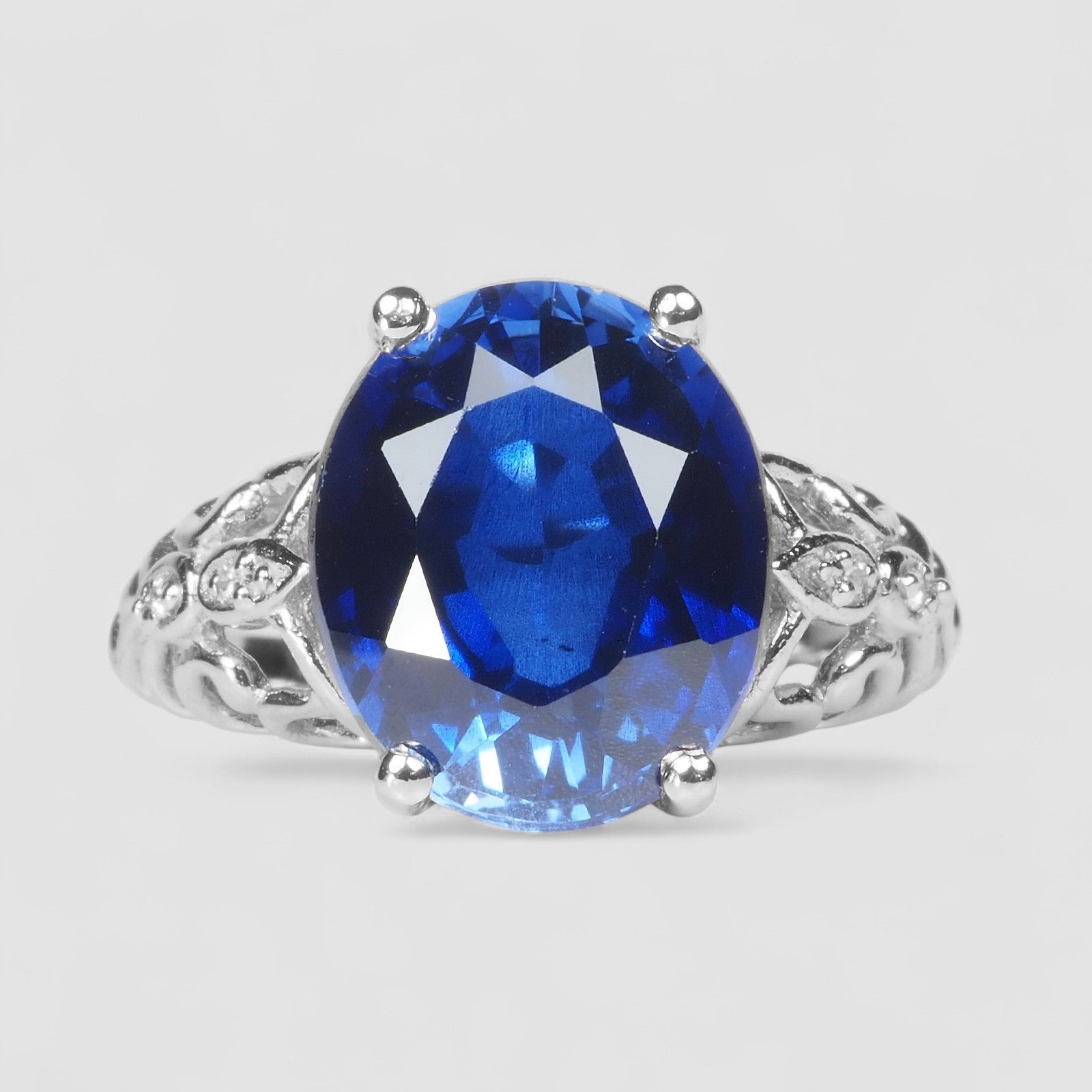 925 STERLING SILVER WHITE GOLD HANDMADE RING BLUE SAPPHIRE