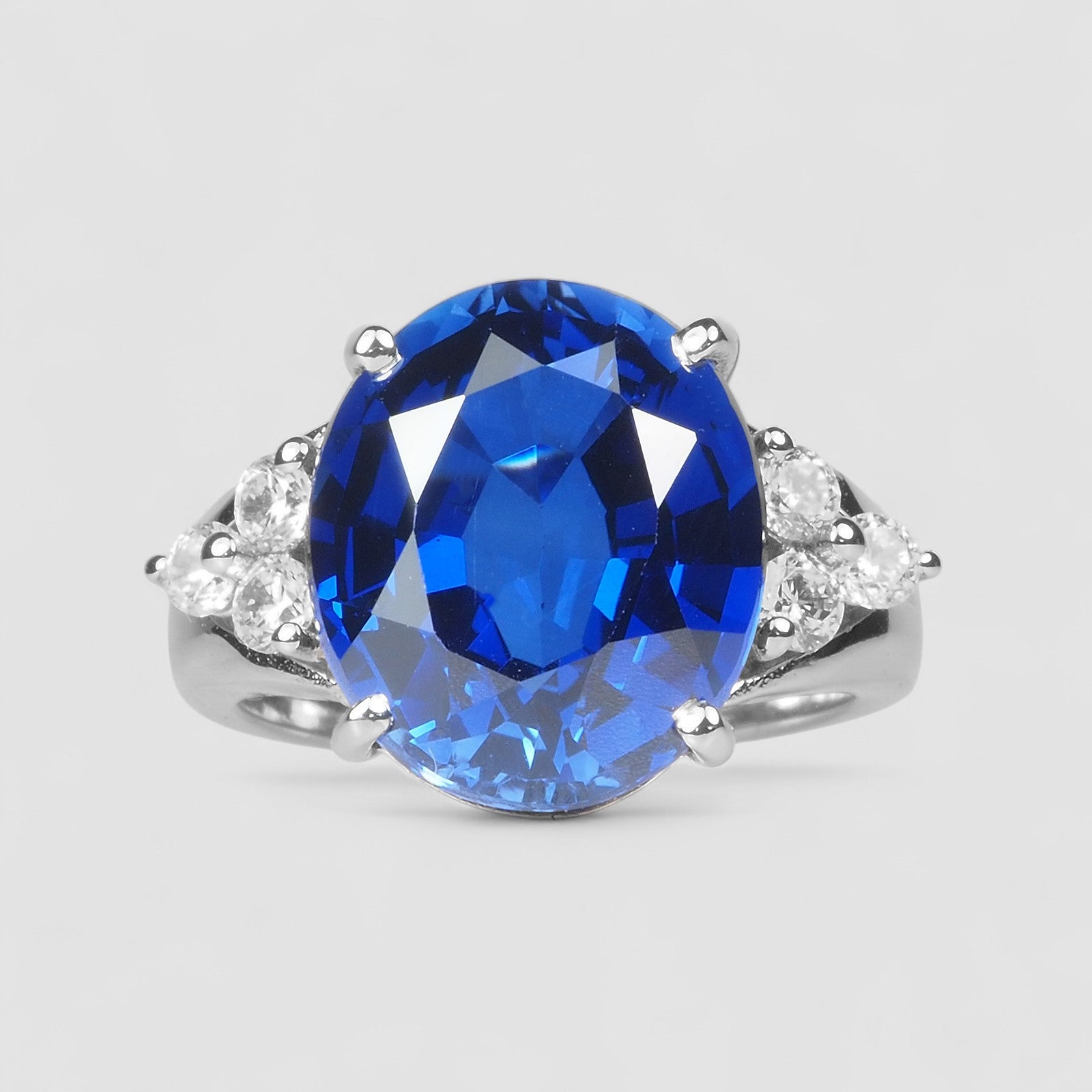 925 STERLING SILVER WHITE GOLD RING BLUE SAPPHIRE OVAL