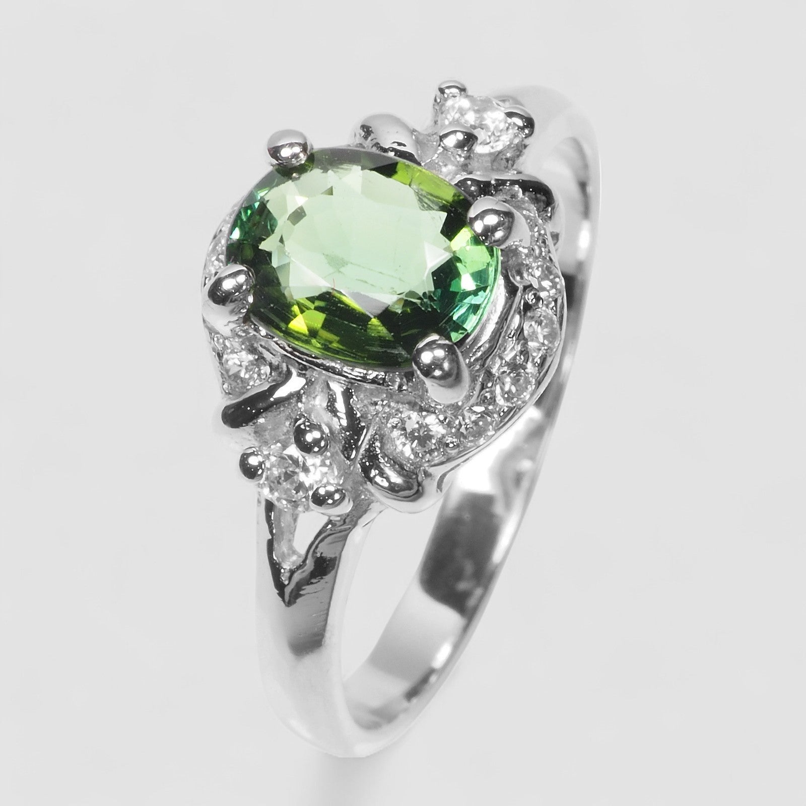 WHITE GOLD PLATED RINGS GREEN TOURMALINE 925 STERLING SILVER