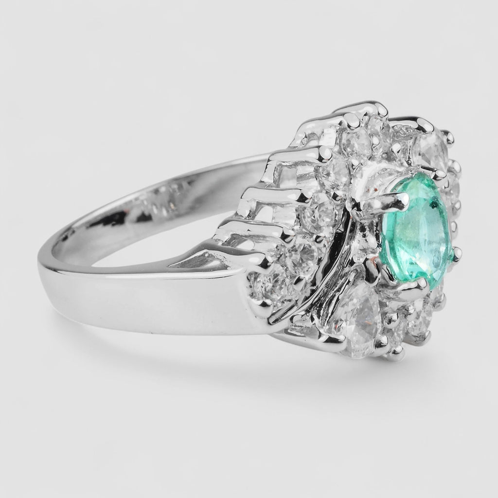 COLOMBIA EMERALD GREEN 925 STERLING SILVER WHITE GOLD RING