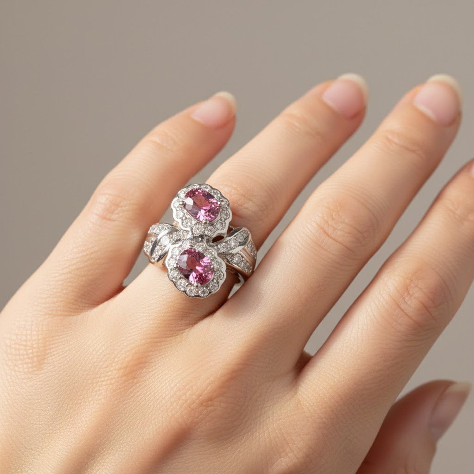 Duo Stone Pink Rhodolite Garnet 925 Sterling Silver Ring