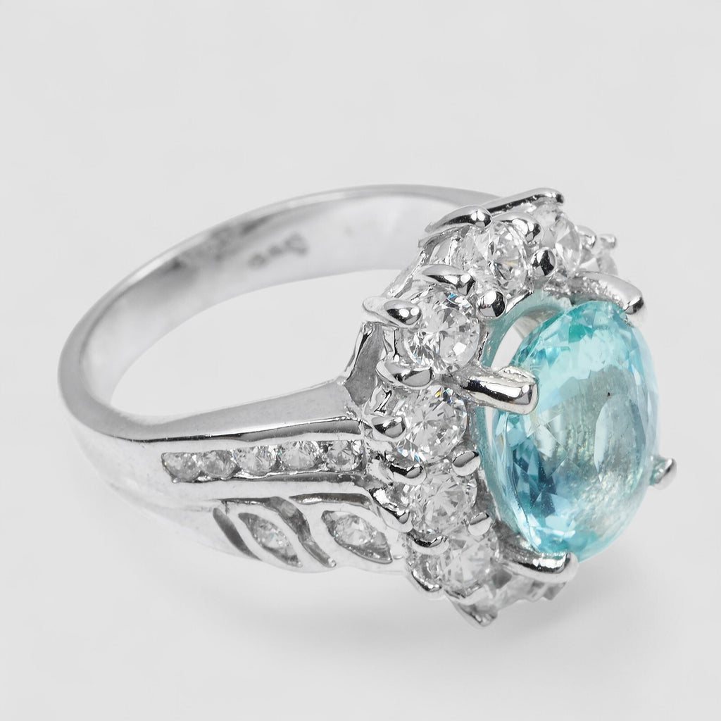 925 STERLING SILVER WHITE GOLD PLATED RING BLUE AQUAMARINE
