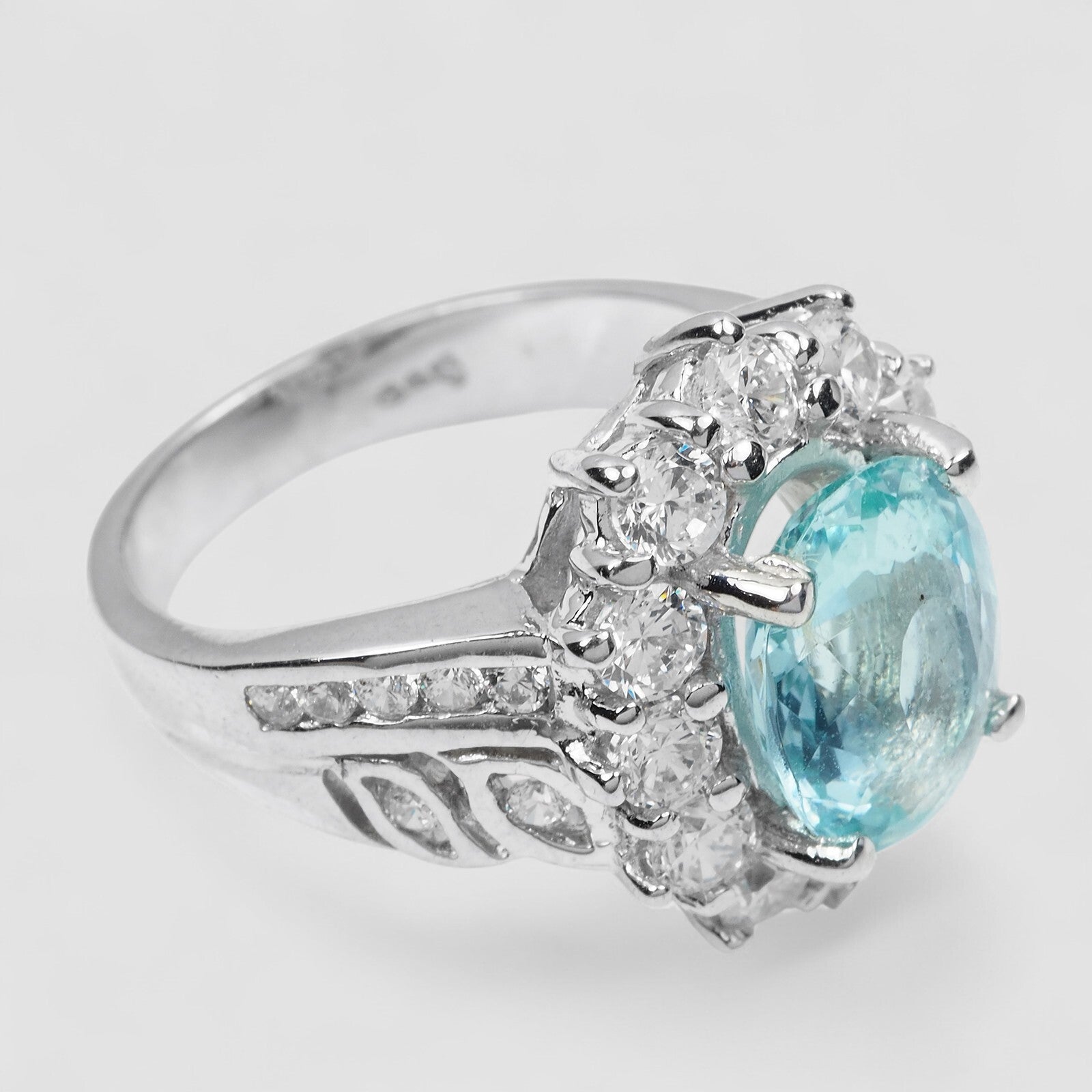925 STERLING SILVER WHITE GOLD PLATED RING BLUE AQUAMARINE