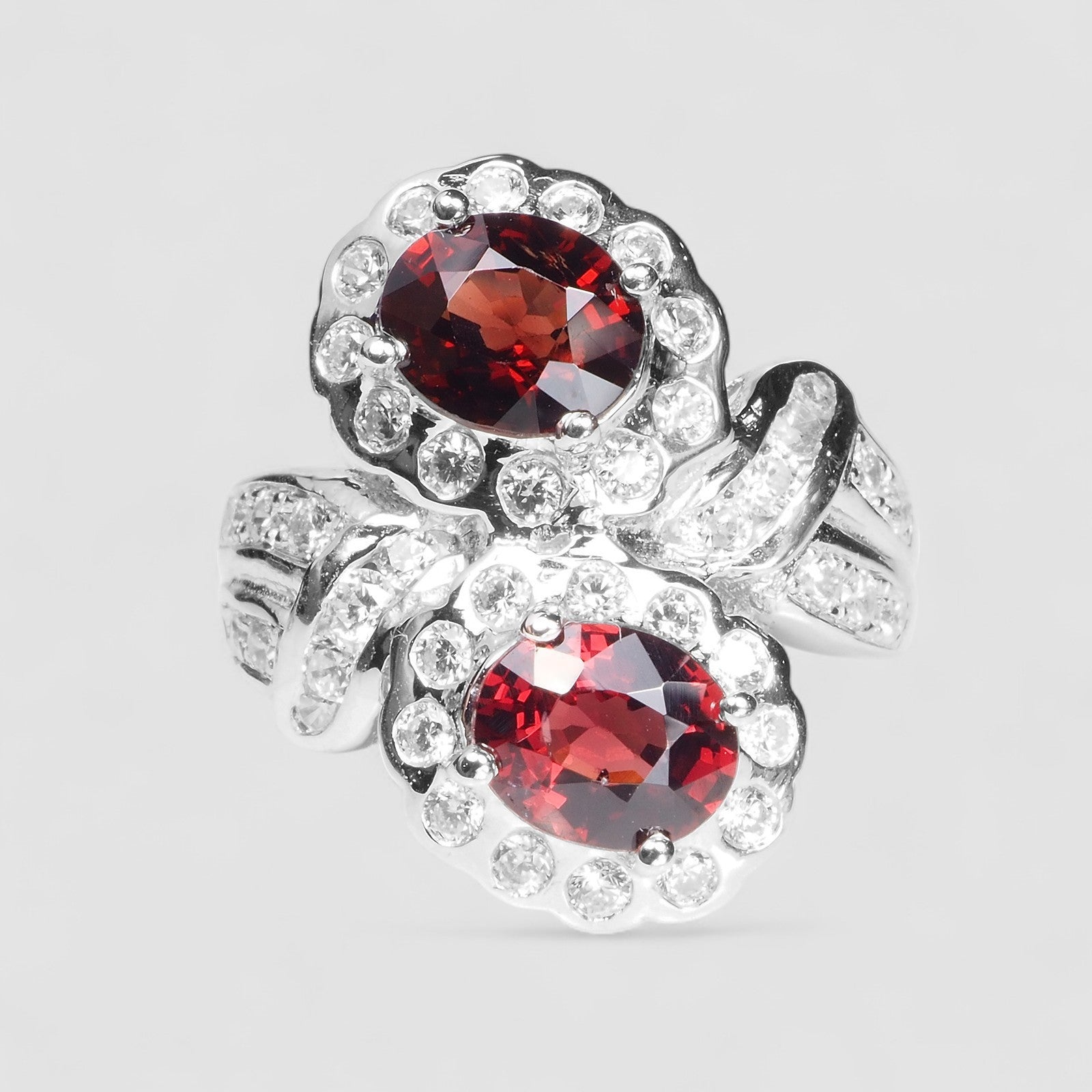 DOUBLE STONE RED SPINEL 925 STERLING SILVER WHITE GOLD RING