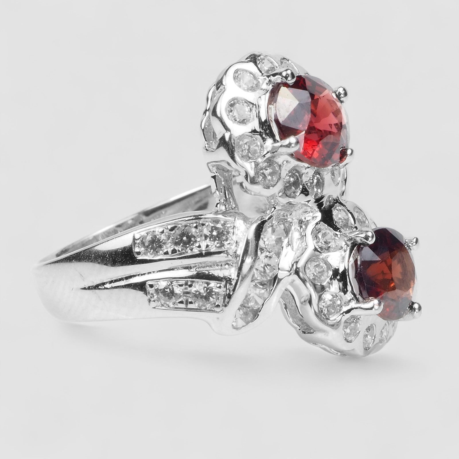 DOUBLE STONE RED SPINEL 925 STERLING SILVER WHITE GOLD RING