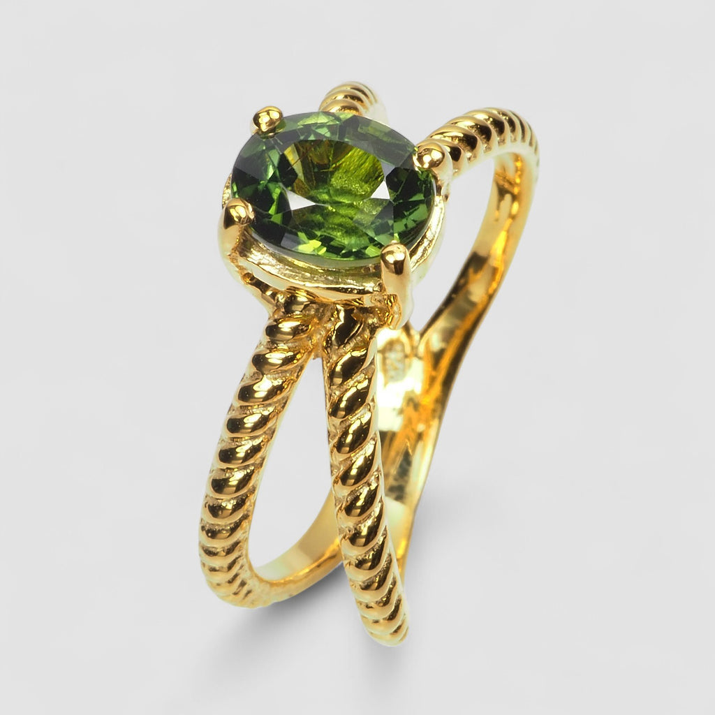 24K GOLD 925 STERLING SILVER RING GREEN TOURMALINE
