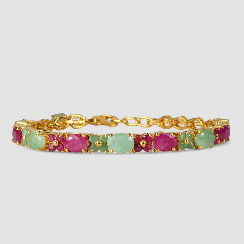 EMERALD & RUBY 24K YELLOW GOLD PLATED 925 STERLING SILVER BRACELET