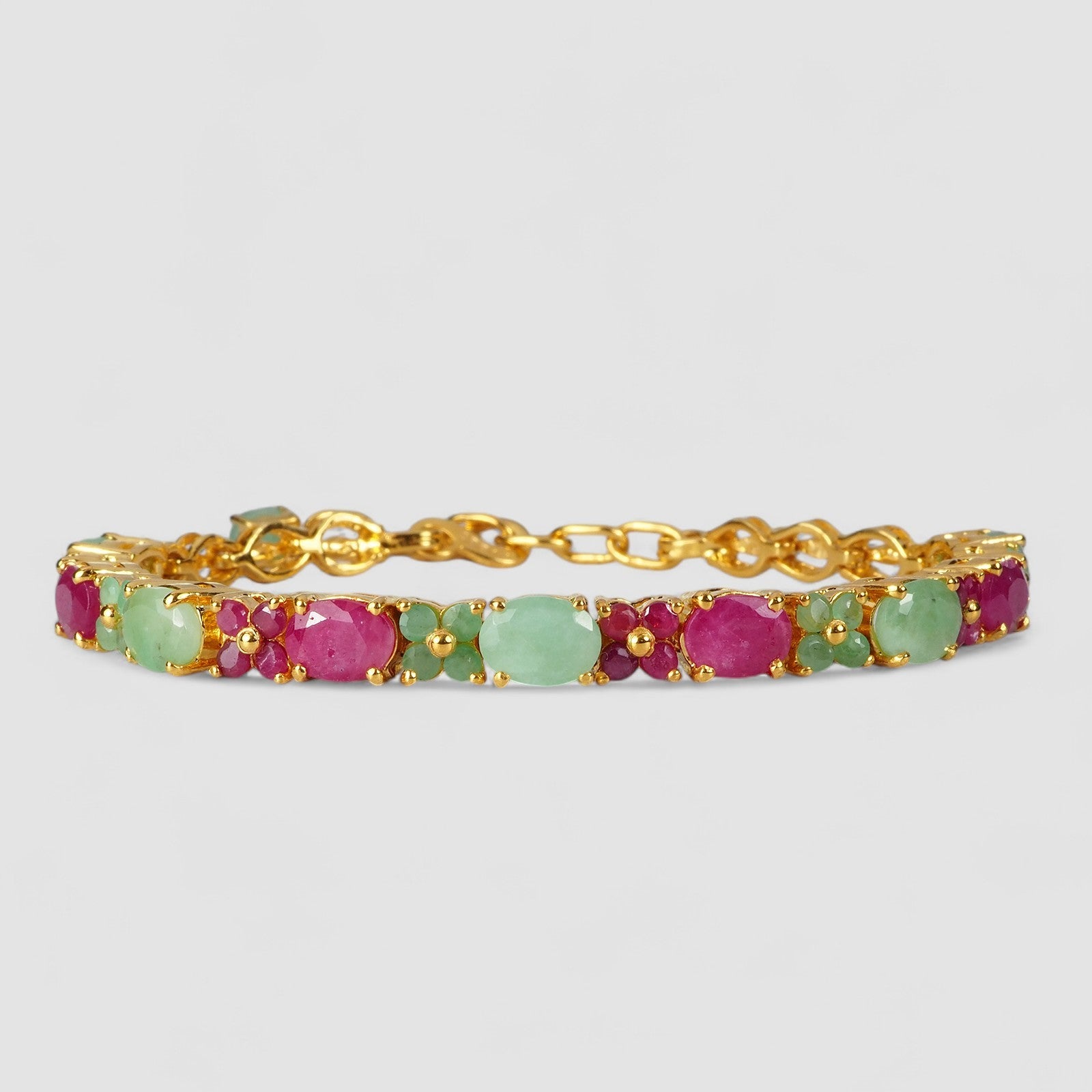 EMERALD & RUBY 24K YELLOW GOLD PLATED 925 STERLING SILVER BRACELET