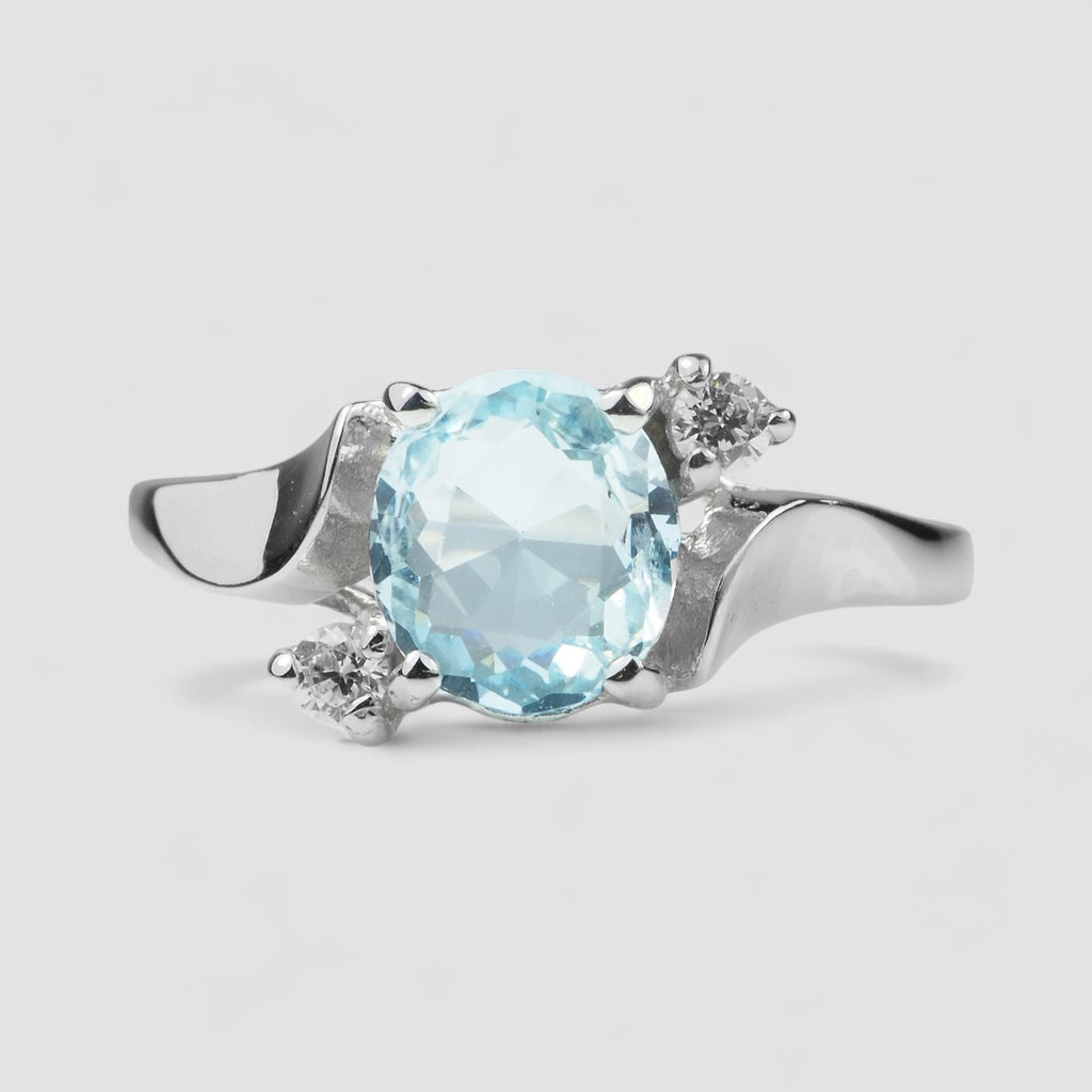 WHITE GOLD RING BLUE AQUAMARINE 925 STERLING SILVER