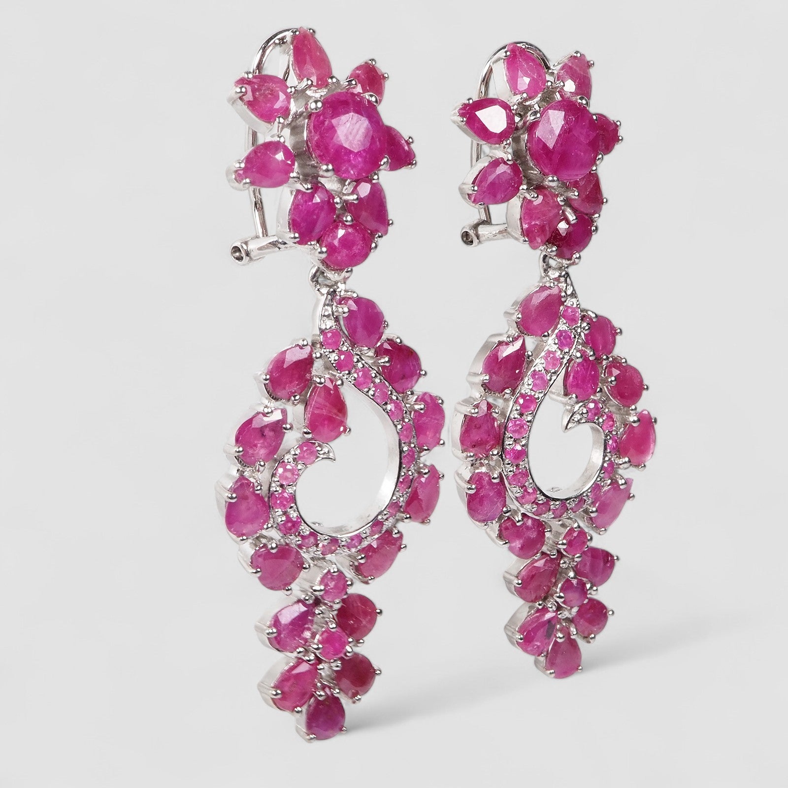 Pink Ruby 925 Sterling Silver White Gold Floral Handmade Earrings, Rhodium Plated, Tarnish Free
