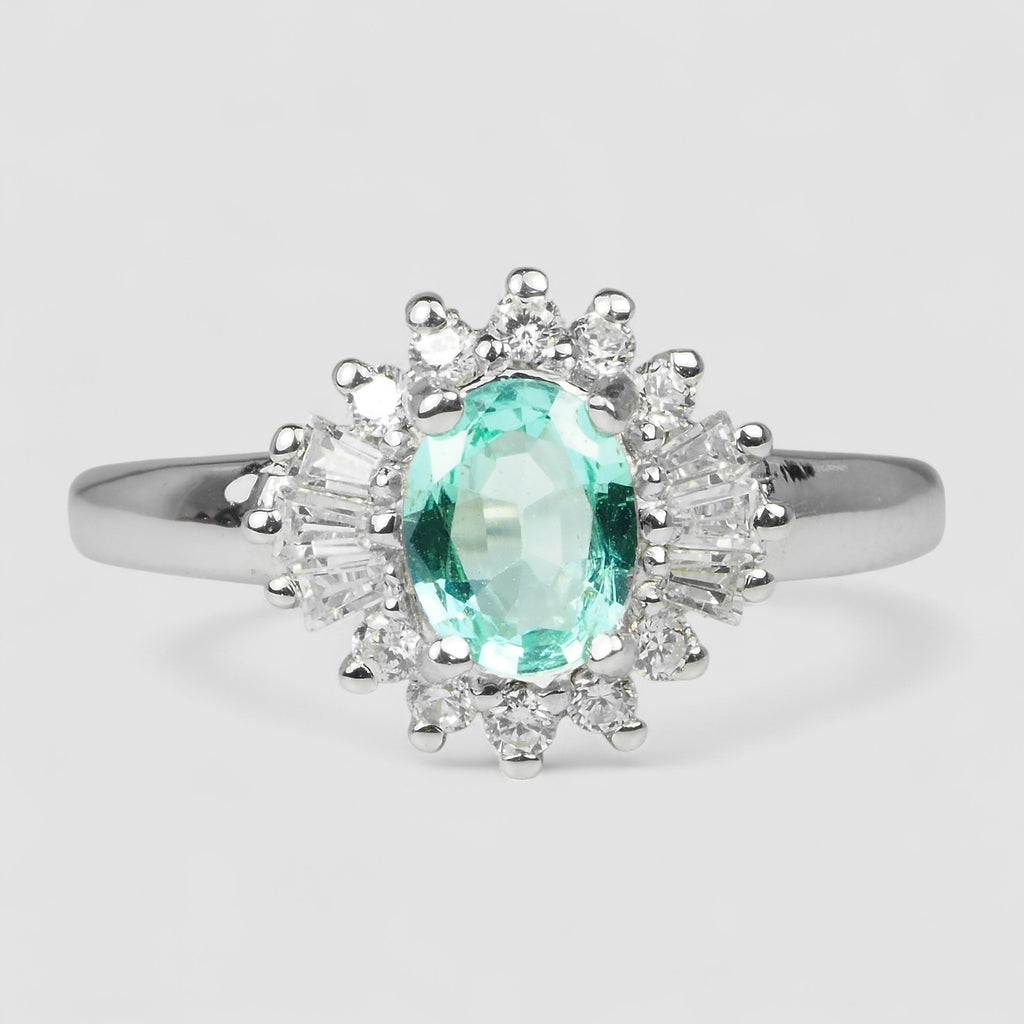 WHITE GOLD RING EMERALD GREEN 925 STERLING SILVER
