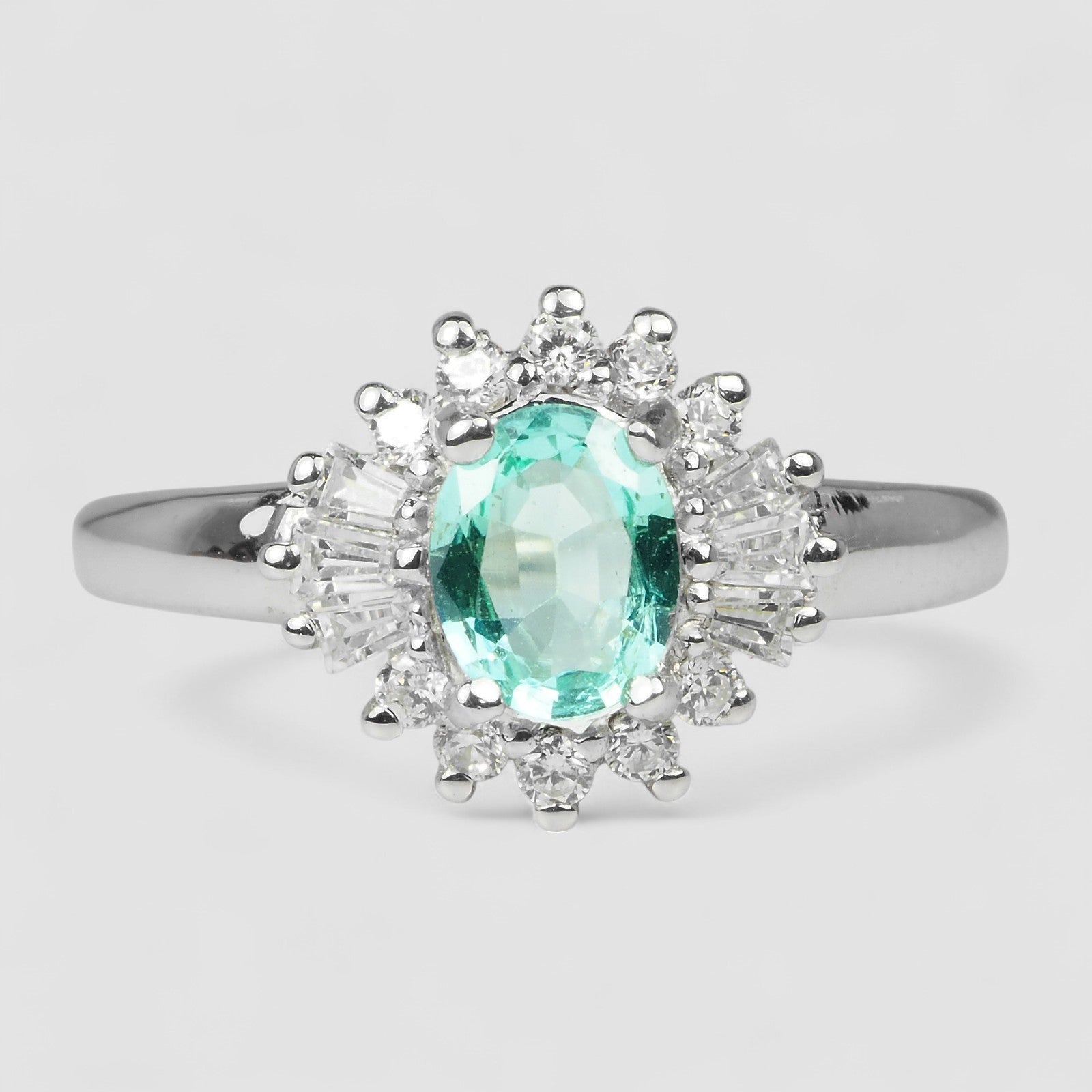WHITE GOLD RING EMERALD GREEN 925 STERLING SILVER