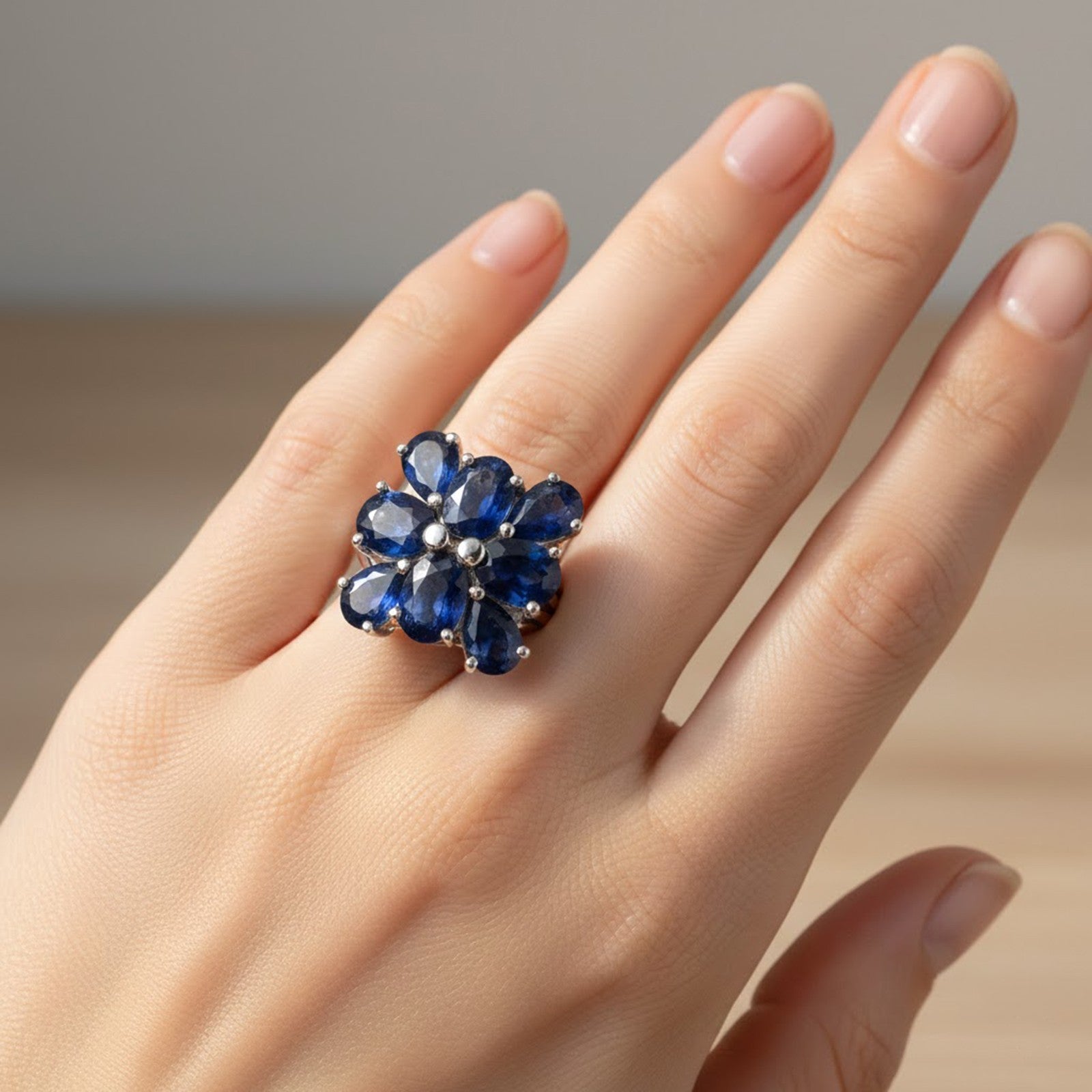 Floral Blue Sapphire 925 Sterling Silver Ring