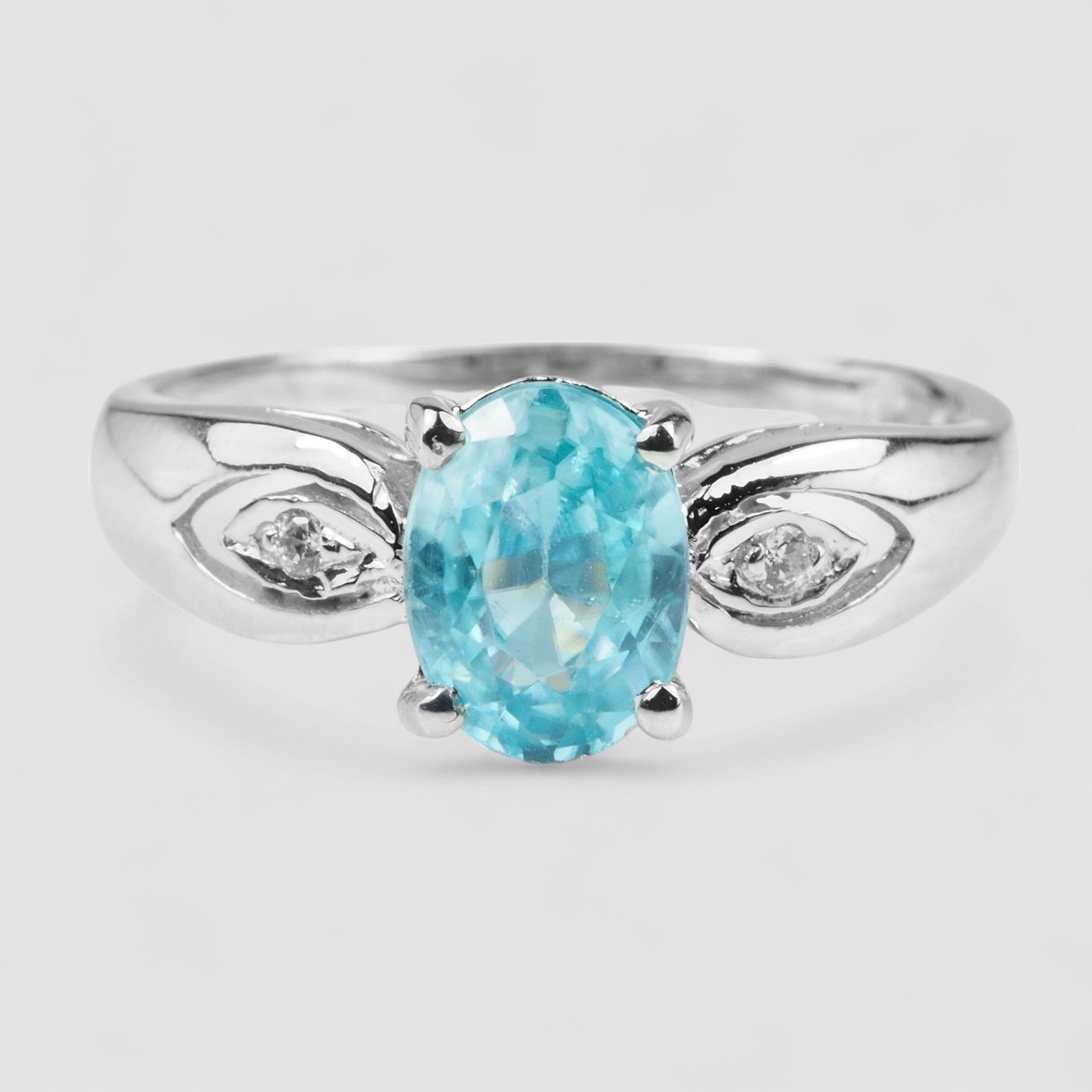 Blue Zircon 925 Sterling Silver White Gold Ring