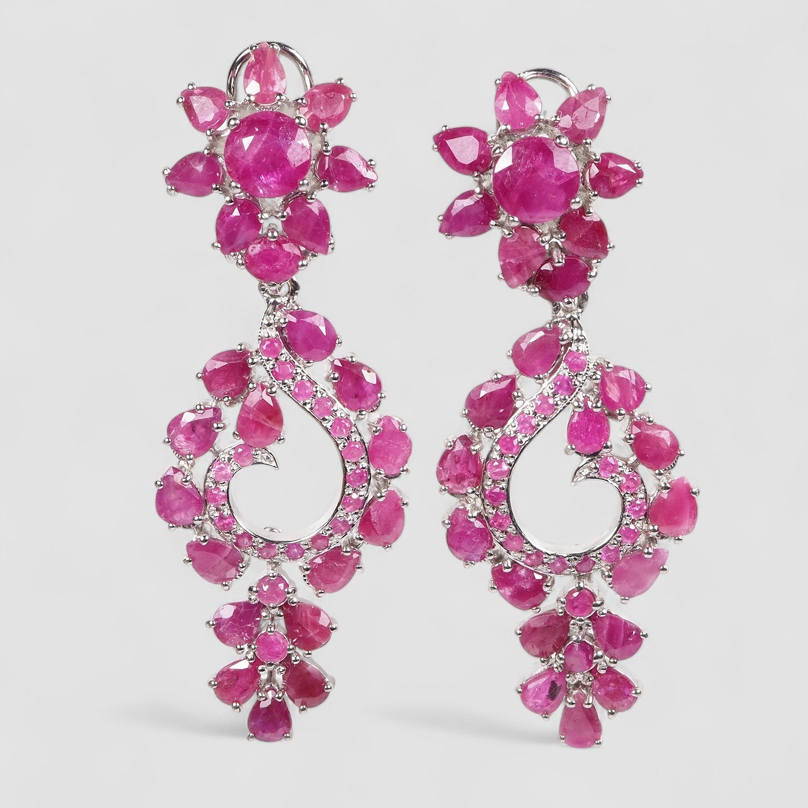 Pink Ruby 925 Sterling Silver White Gold Floral Handmade Earrings, Rhodium Plated, Tarnish Free