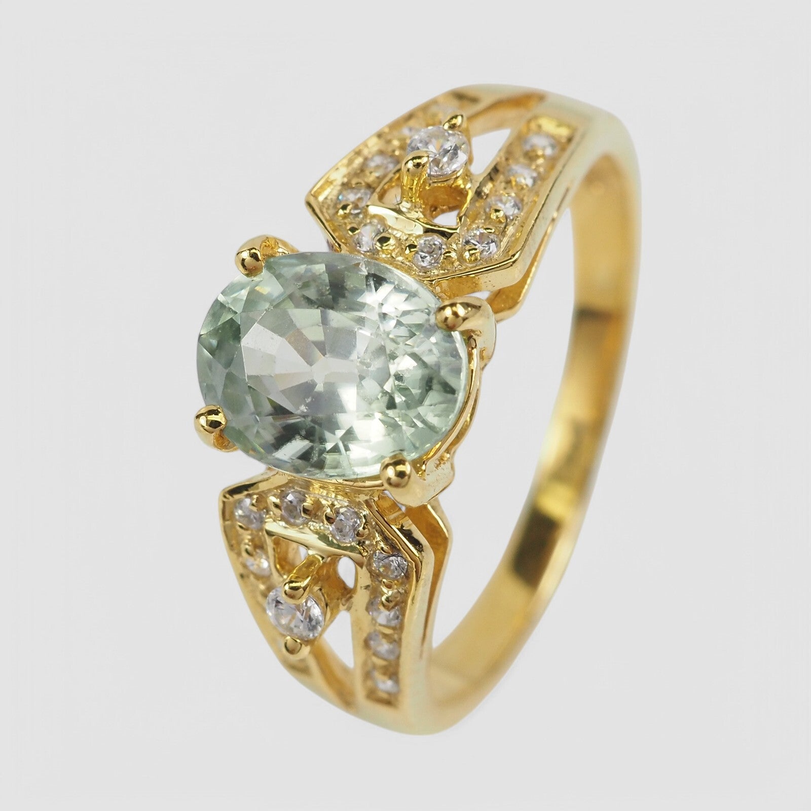 GREEN AQUAMARINE 24K GOLD 925 STERLING SILVER RING