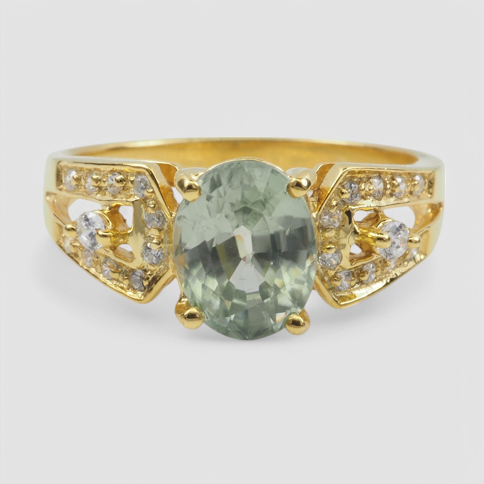 GREEN AQUAMARINE 24K GOLD 925 STERLING SILVER RING
