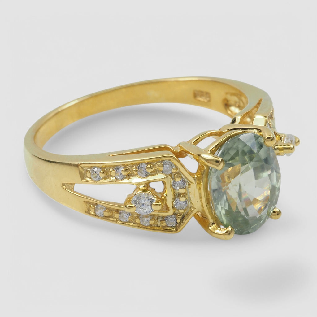 GREEN AQUAMARINE 24K GOLD 925 STERLING SILVER RING