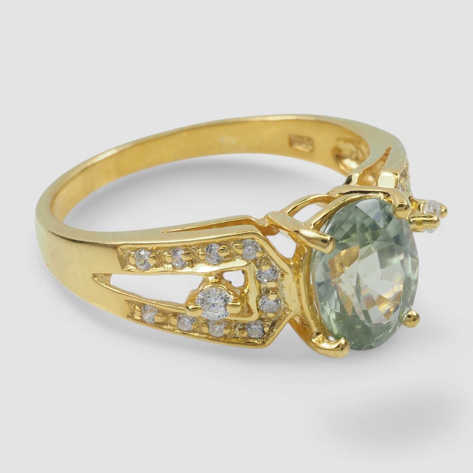 GREEN AQUAMARINE 24K GOLD 925 STERLING SILVER RING