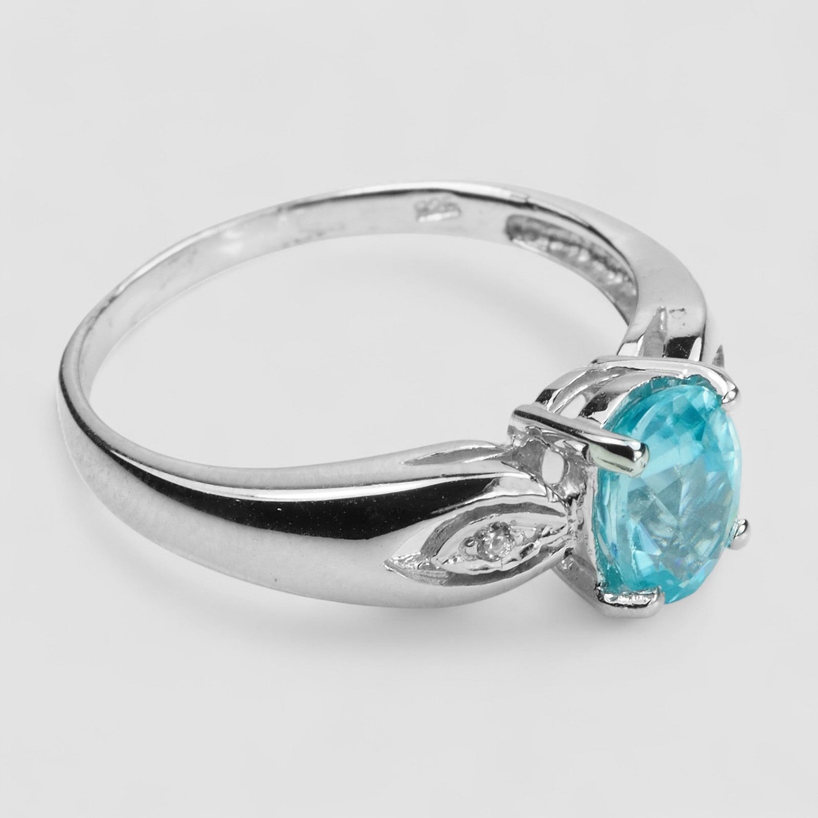 Blue Zircon 925 Sterling Silver White Gold Ring