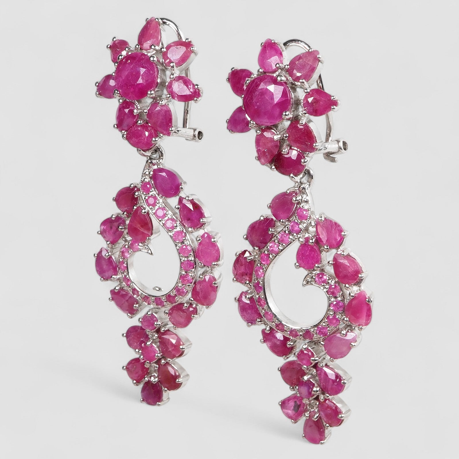Pink Ruby 925 Sterling Silver White Gold Floral Handmade Earrings, Rhodium Plated, Tarnish Free