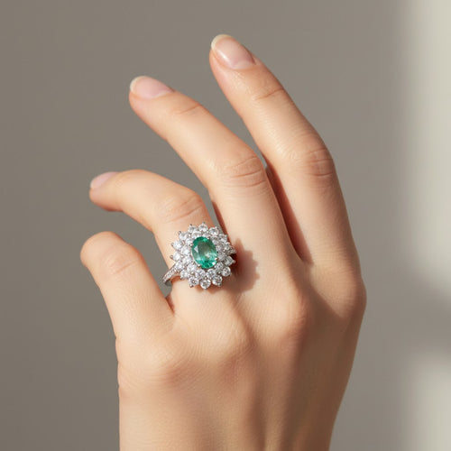925 Sterling Silver Halo Ring Green Emerald