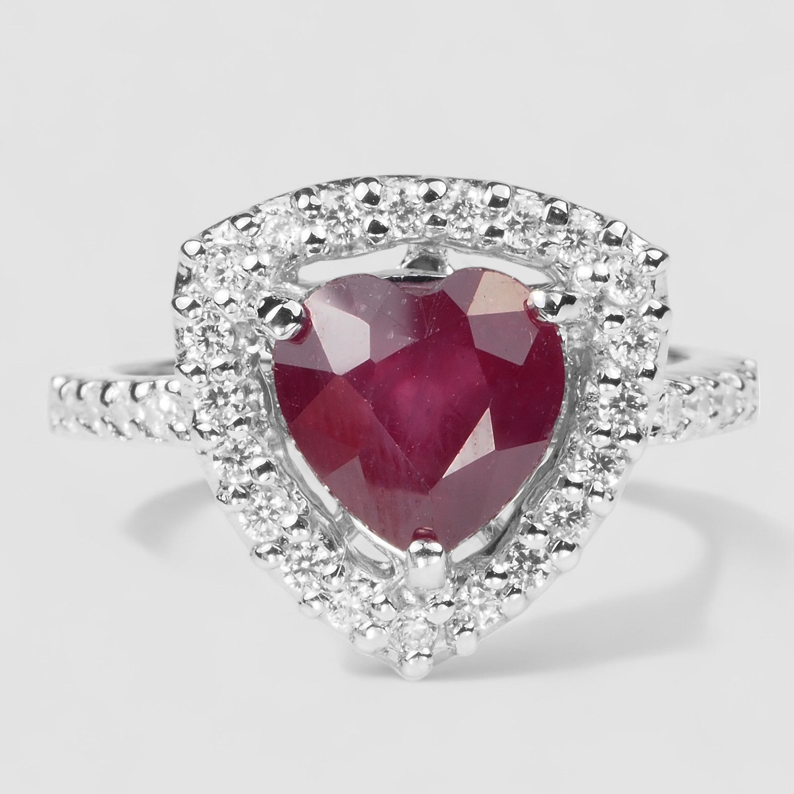 Red Ruby Heart 925 Sterling Silver White Gold Ring