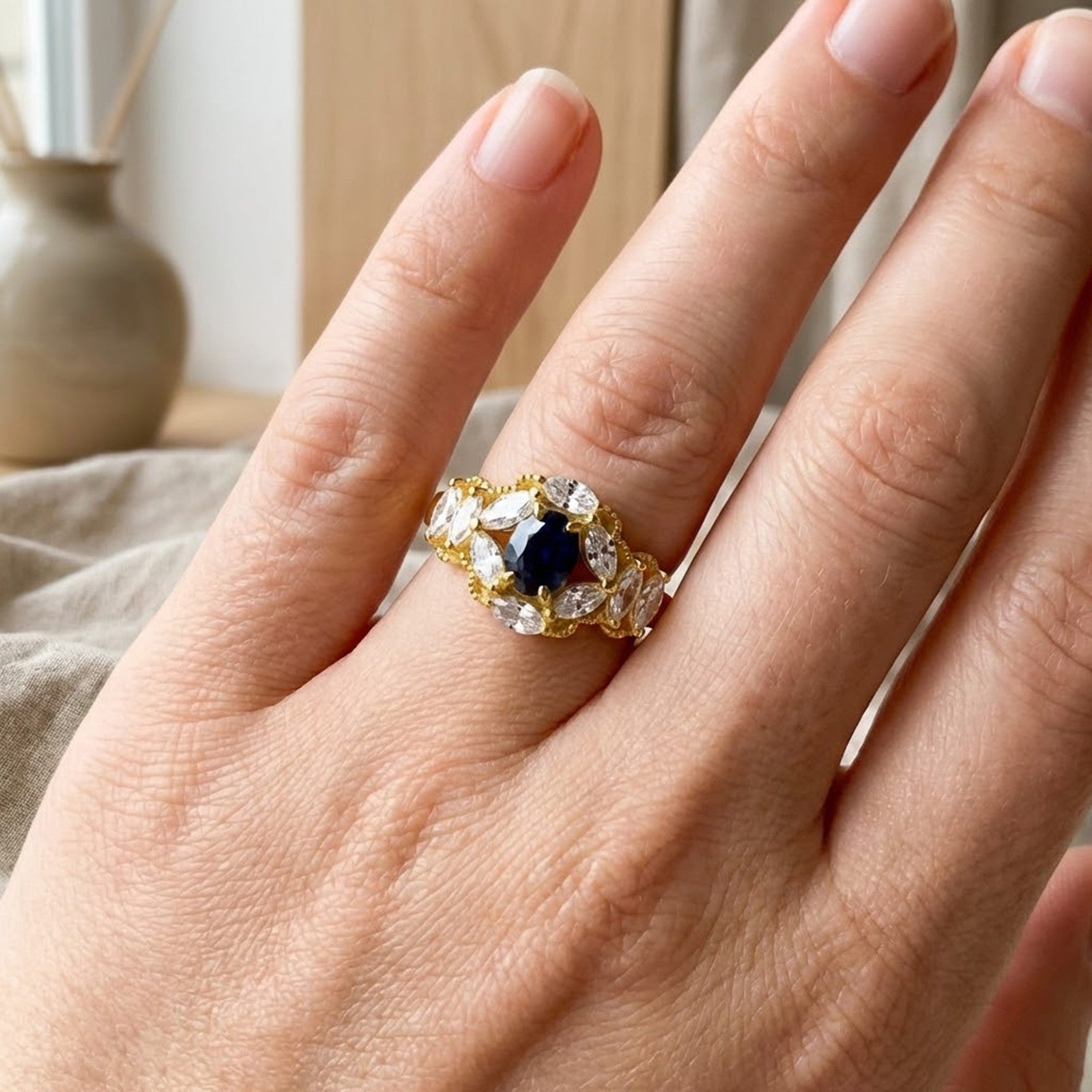 24K Gold 925 Sterling Silver Ring Rare Blue Sapphire