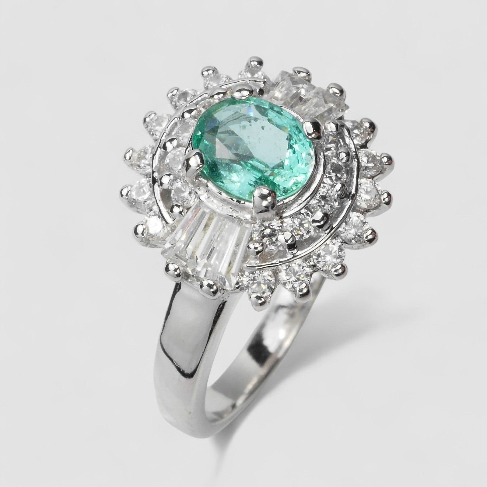 NEON EMERALD GREEN 925 STERLING SILVER WHITE GOLD RING