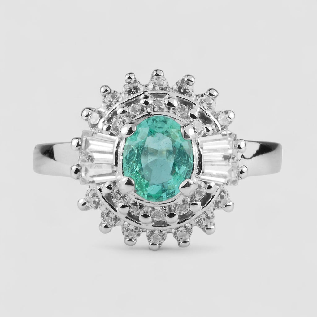 NEON EMERALD GREEN 925 STERLING SILVER WHITE GOLD RING