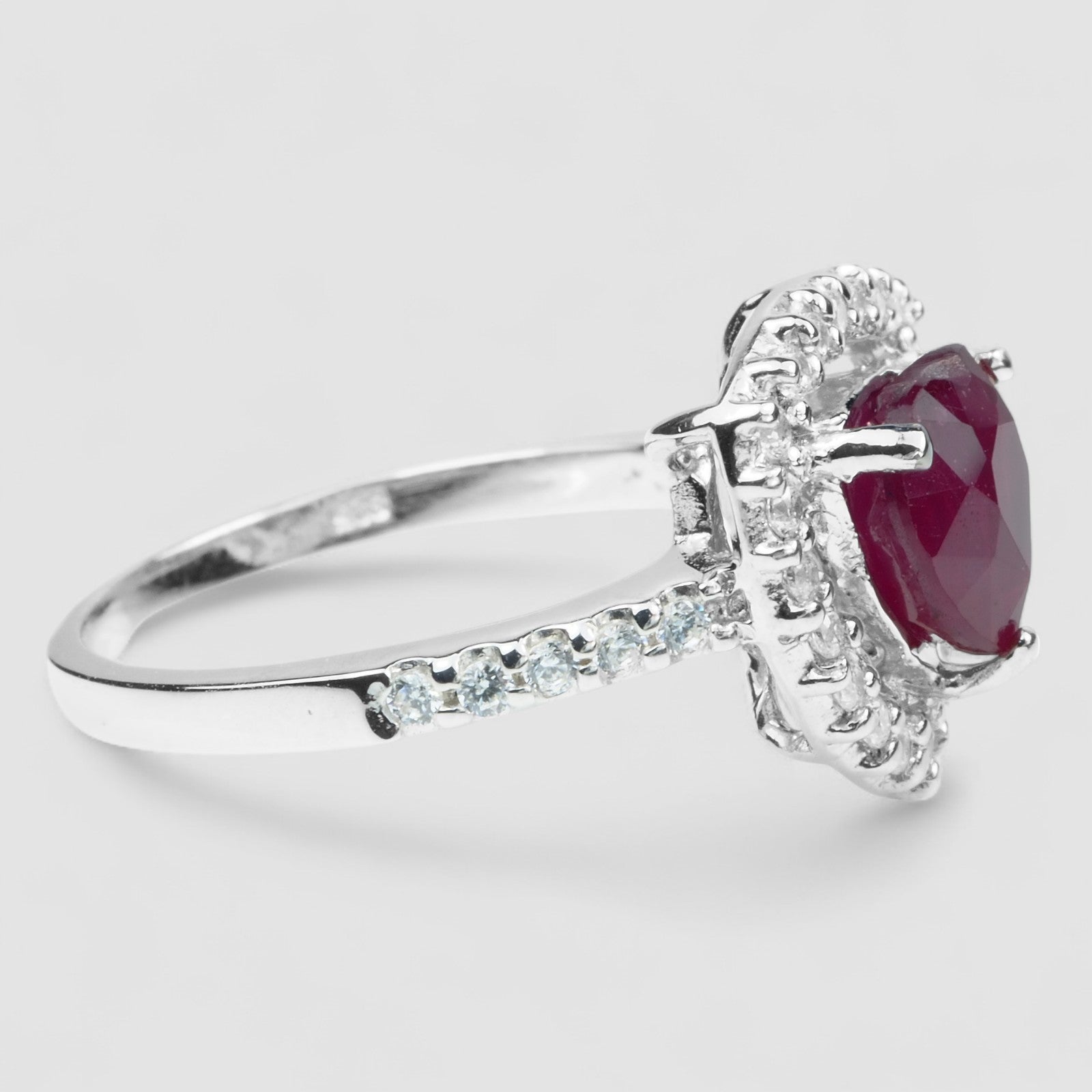 Red Ruby Heart 925 Sterling Silver White Gold Ring