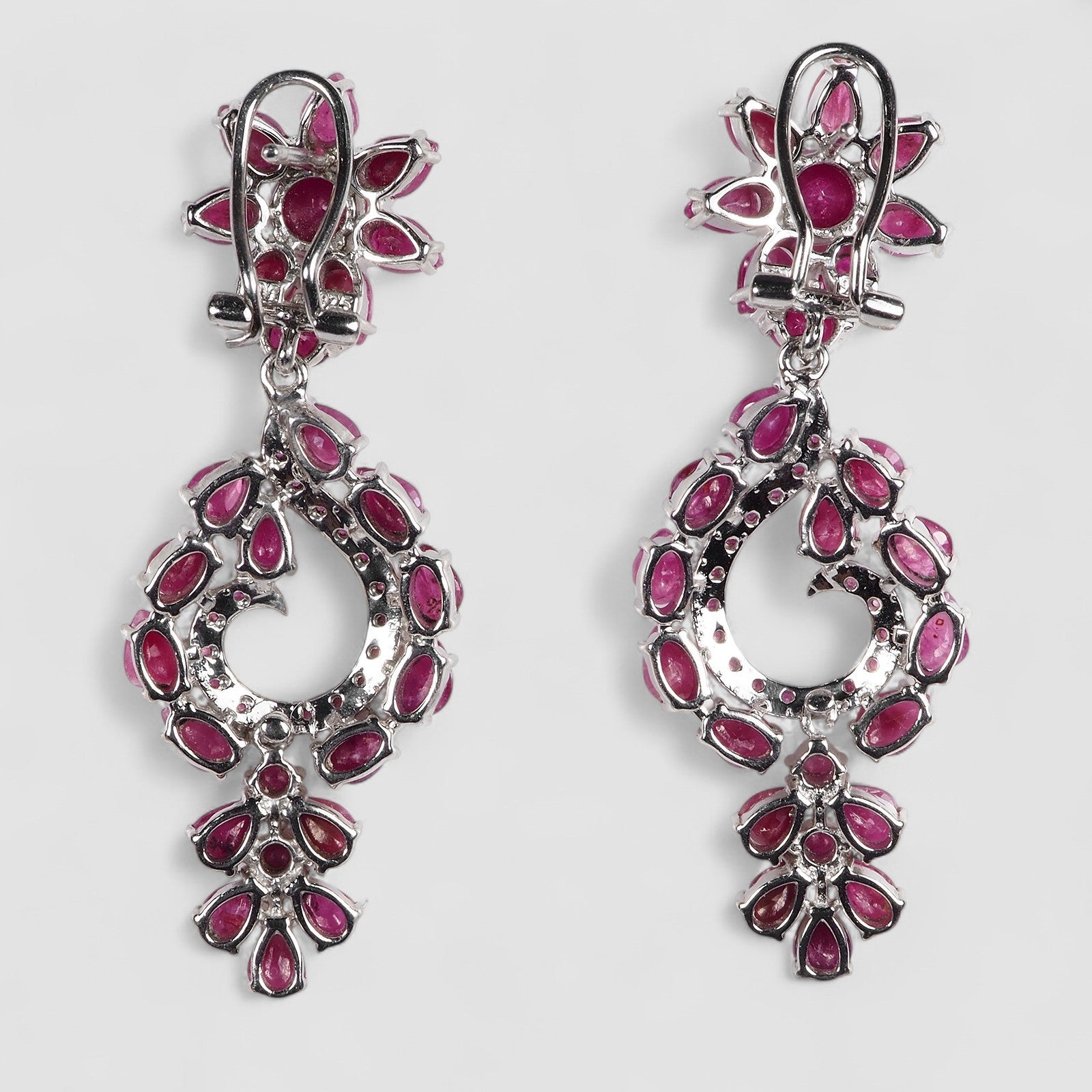 Pink Ruby 925 Sterling Silver White Gold Floral Handmade Earrings, Rhodium Plated, Tarnish Free