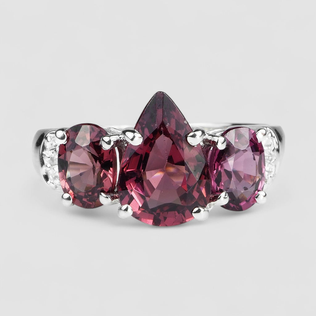 THREE STONE PURPLE PINK RHODOLITE FINE JEWELRY RING