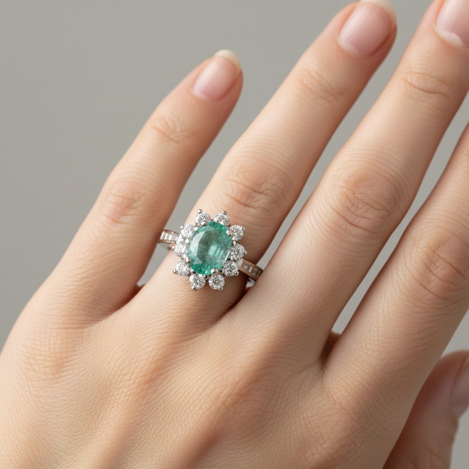Green Emerald Oval 925 Sterling Silver White Gold Ring