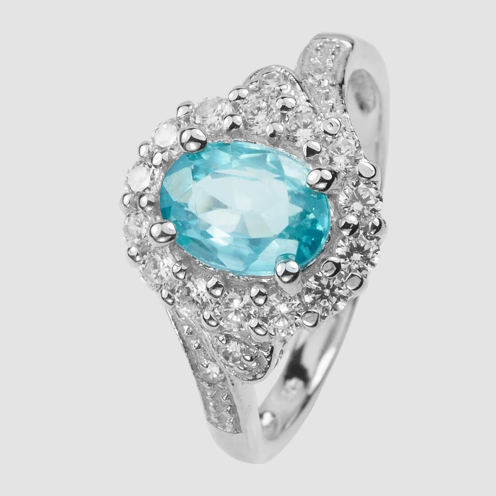 BLUE ZIRCON WHITE GOLD PLATED 925 STERLING SILVER