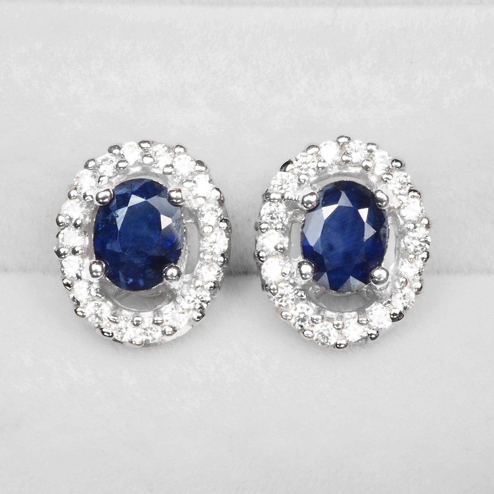 Glitzy Blue Sapphire 925 Sterling Silver Halo Earrings