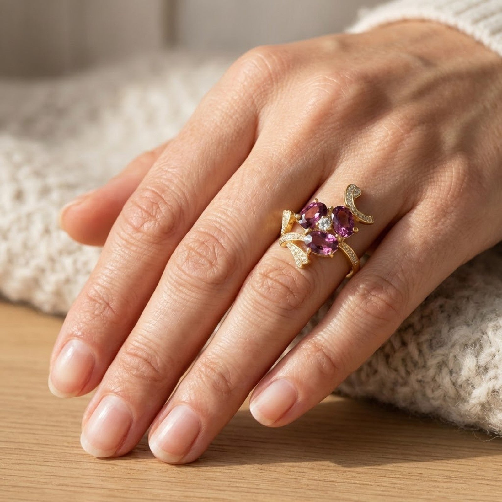 Three Stone Pink Spinel 925 Sterling Silver 24K Gold Ring