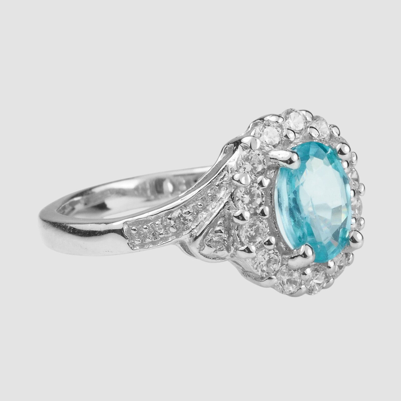 BLUE ZIRCON WHITE GOLD PLATED 925 STERLING SILVER