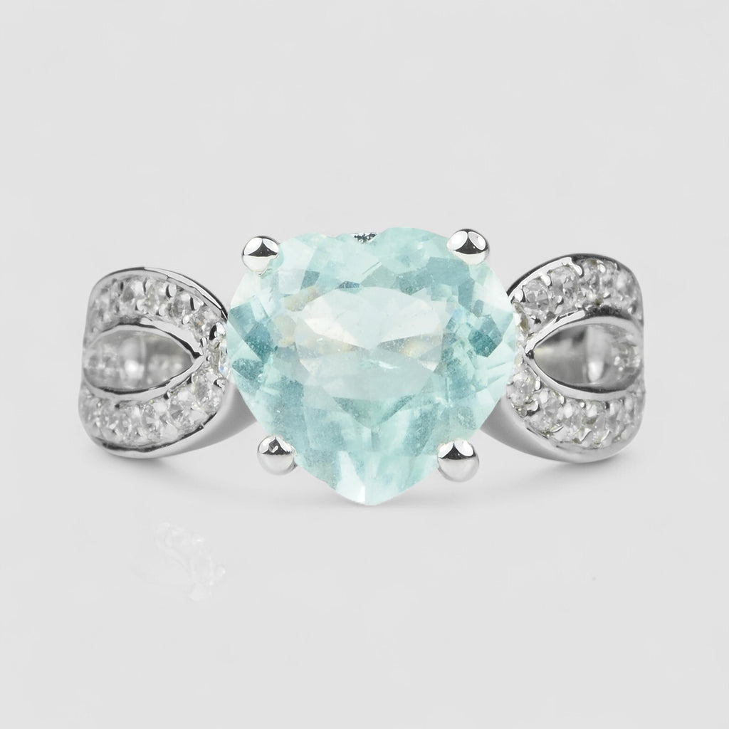 HEART BLUE AQUAMARINE 925 STERLING SILVER WHITE GOLD RING