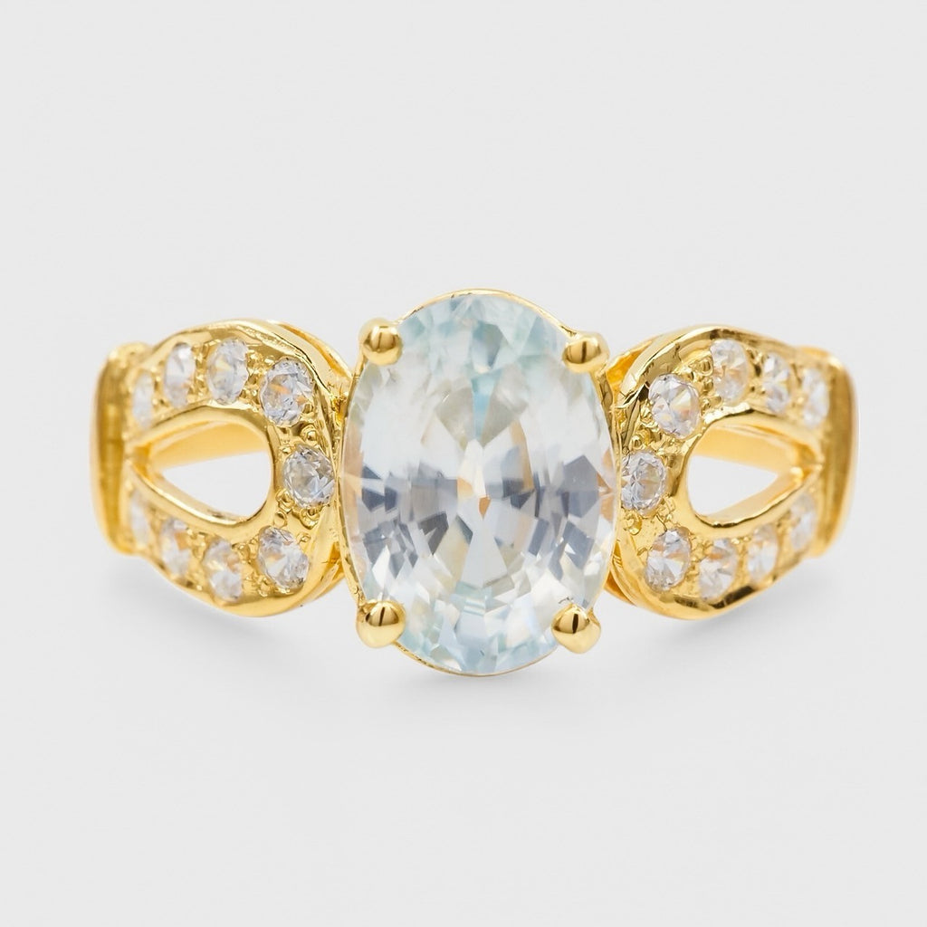 24K GOLD 925 STERLING SILVER RING BLUE AQUAMARINE
