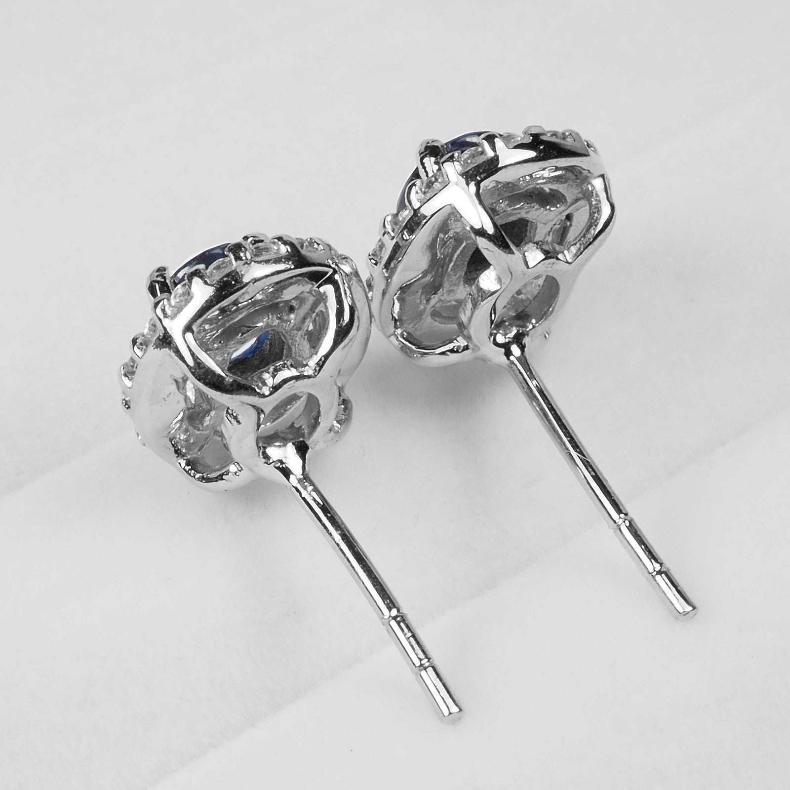 Glitzy Blue Sapphire 925 Sterling Silver Halo Earrings