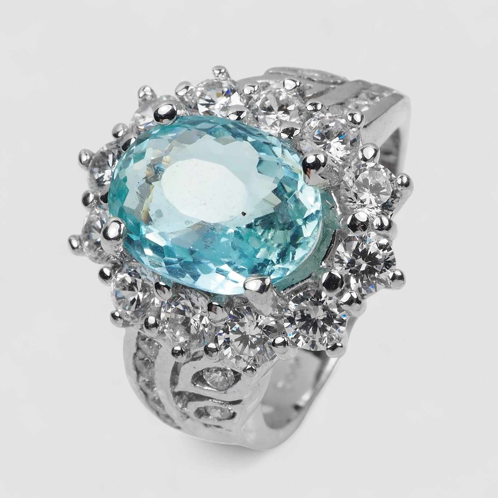 925 STERLING SILVER WHITE GOLD PLATED RING BLUE AQUAMARINE