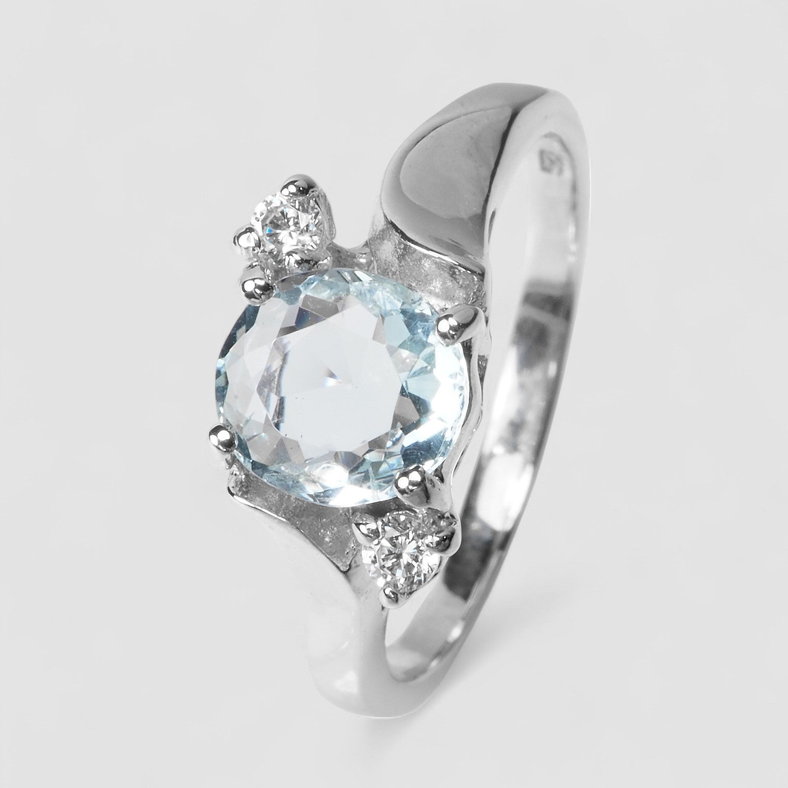 WHITE GOLD RING BLUE AQUAMARINE 925 STERLING SILVER