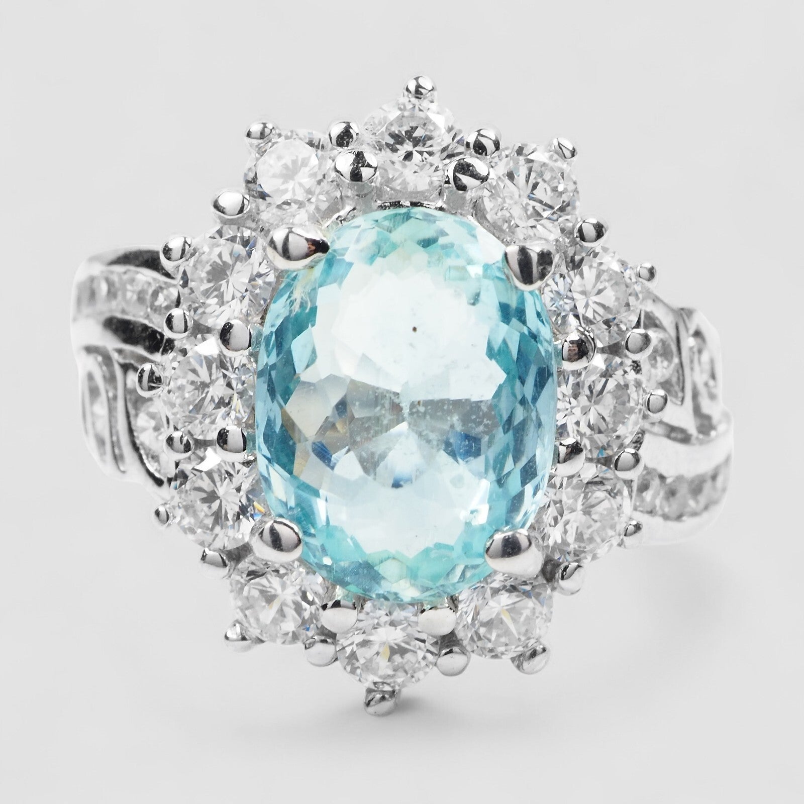 925 STERLING SILVER WHITE GOLD PLATED RING BLUE AQUAMARINE