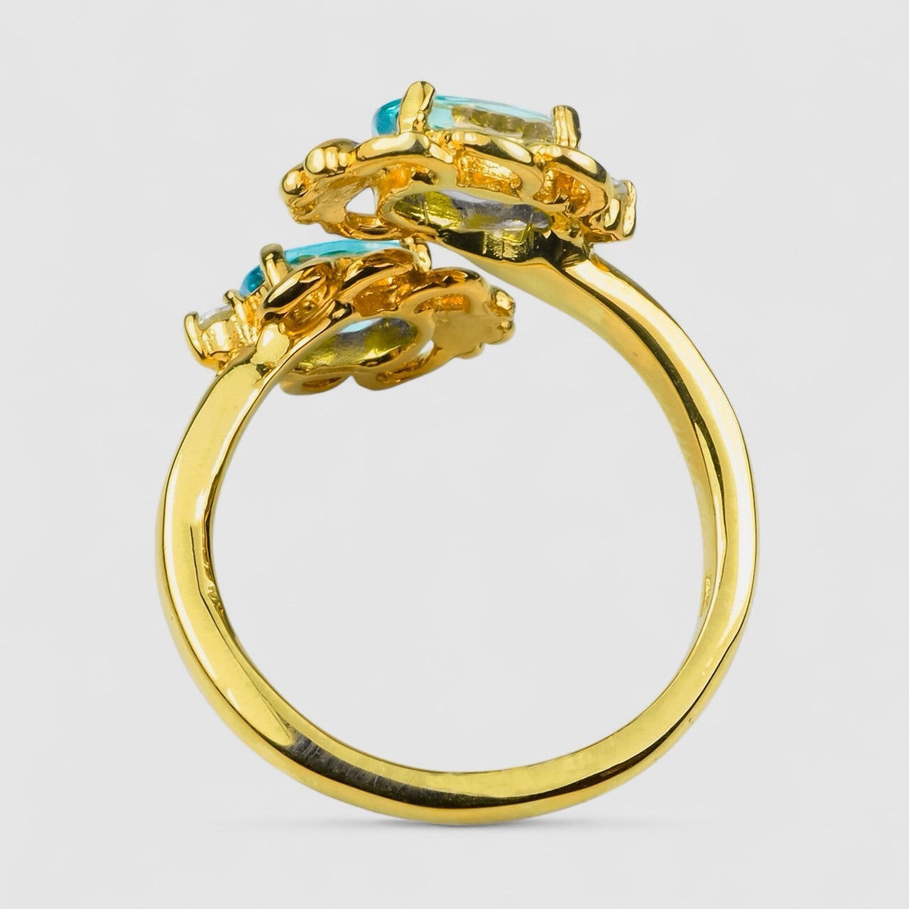 Two Stone Blue Zircon 925 Sterling Silver 24K Gold Ring